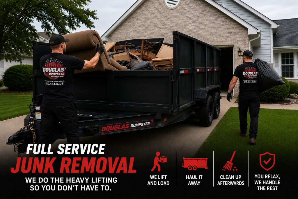Douglas Dumpster junk removal crew loading a dump trailer