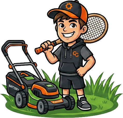 Cris — the 16-year-old behind Cris Grass, with a battery-powered mower