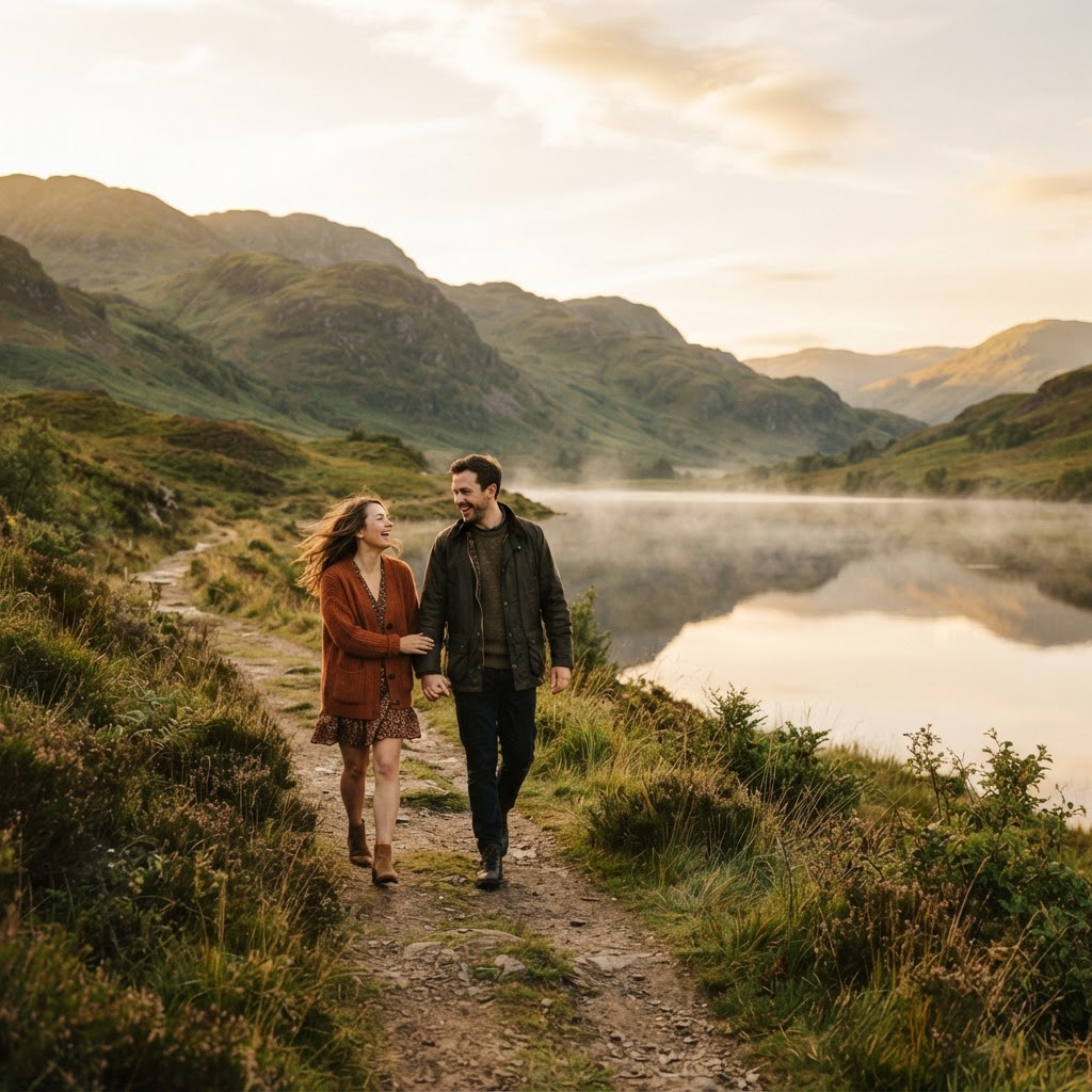 Younger couple walking by a lake in the Scottish countryside