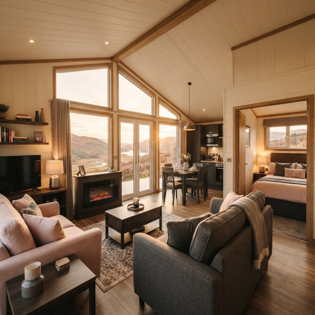 Contemporary chalet living space with panoramic countryside views