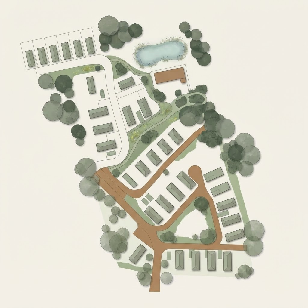 Illustrated Phase 1 site plan of Humbie Chalet Park showing chalet plots, communal hub, SUDS pond and landscaping