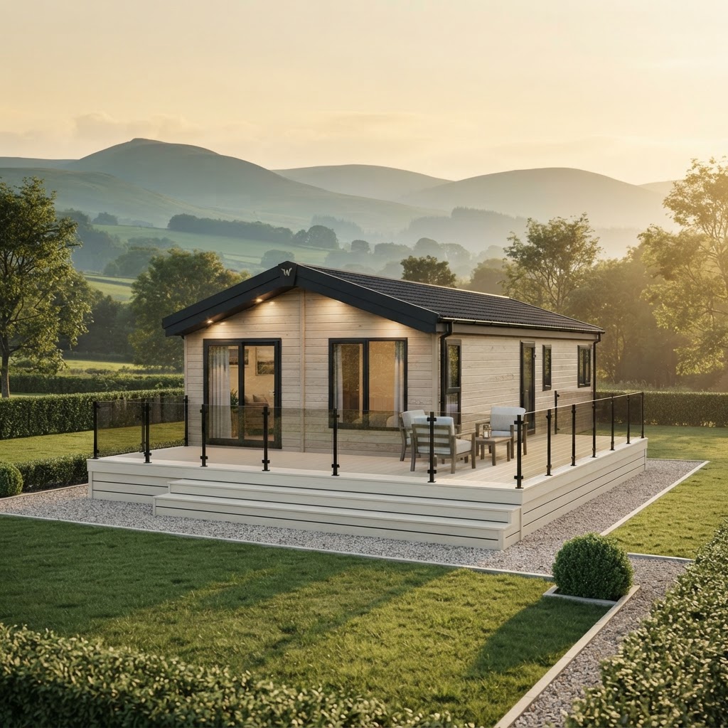 Modern timber lodge nestled in rolling Scottish hills at golden hour