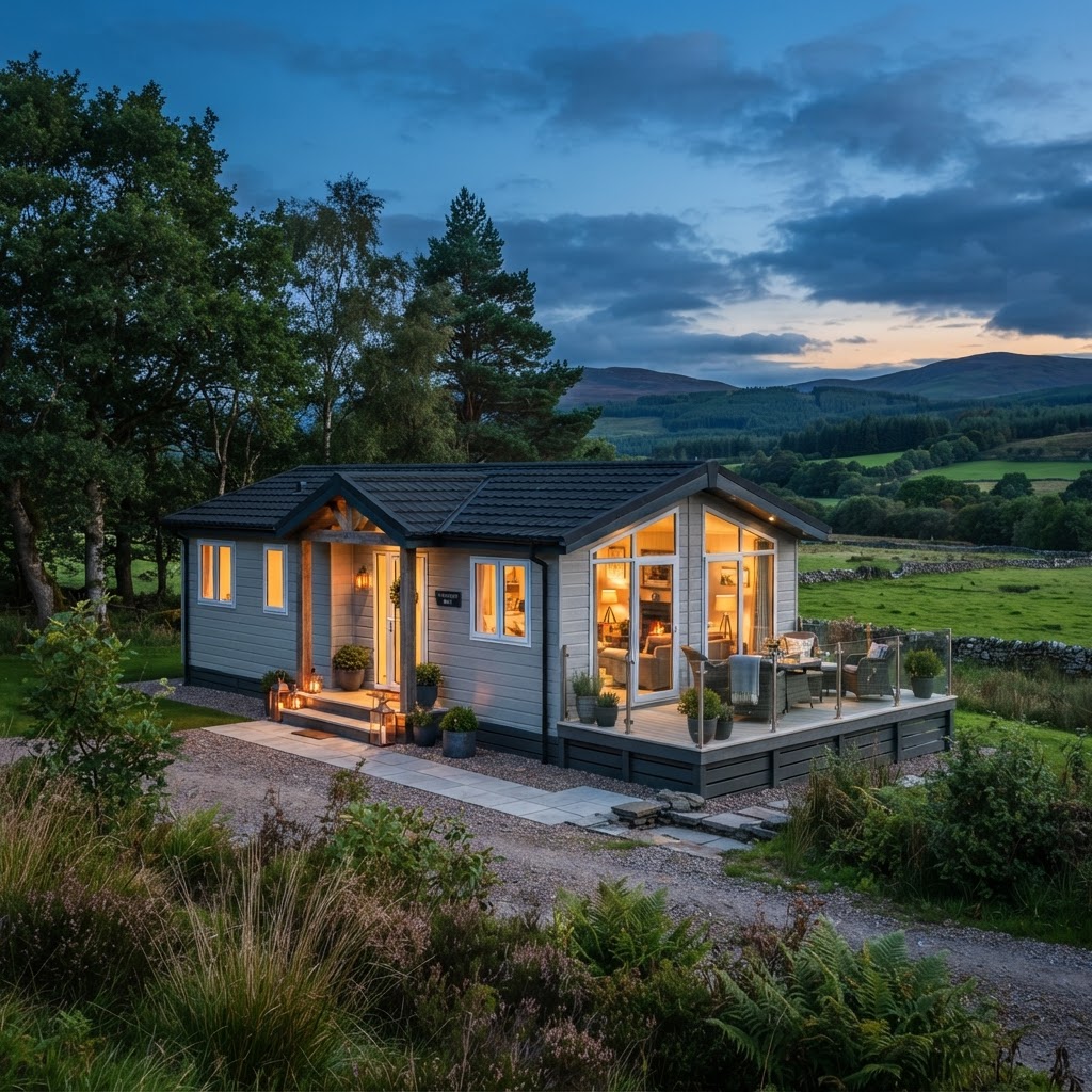 Modern timber-clad chalet exterior at twilight