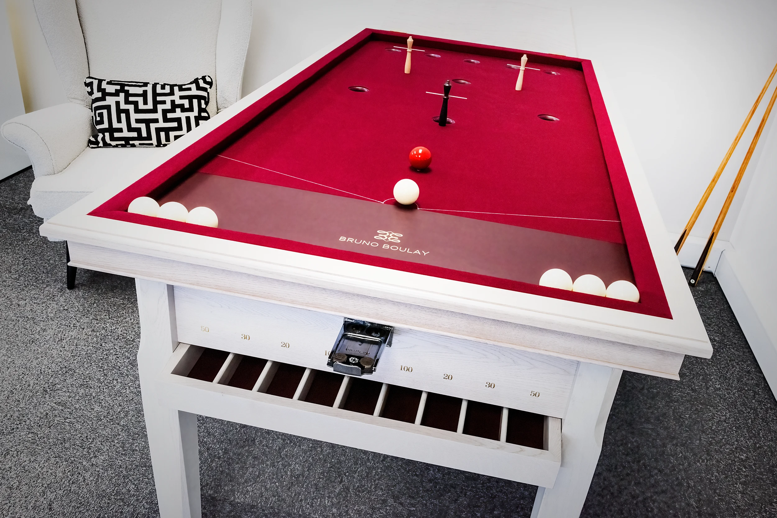 Bespoke bar billiards table with crimson cloth and whitewashed frame by Bruno Boulay