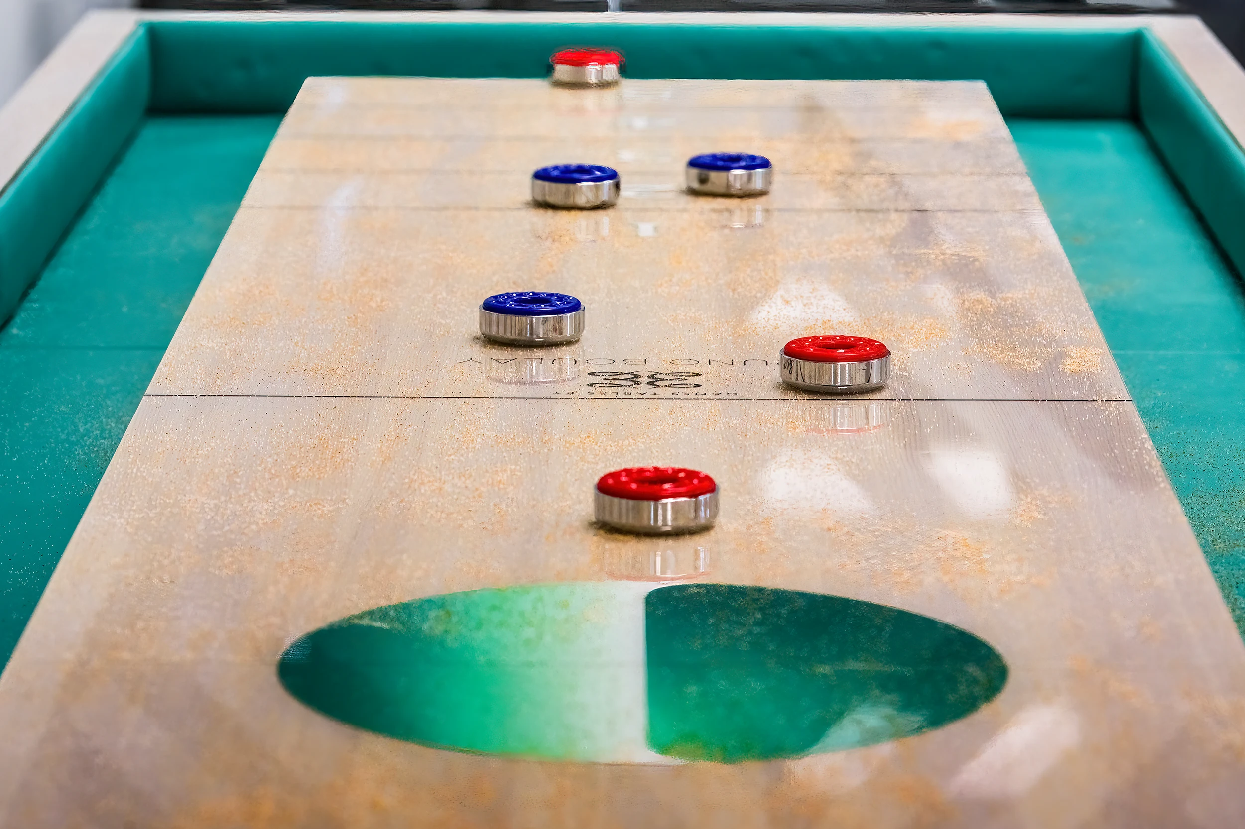 Bespoke American Ash shuffleboard table in Reading corporate office