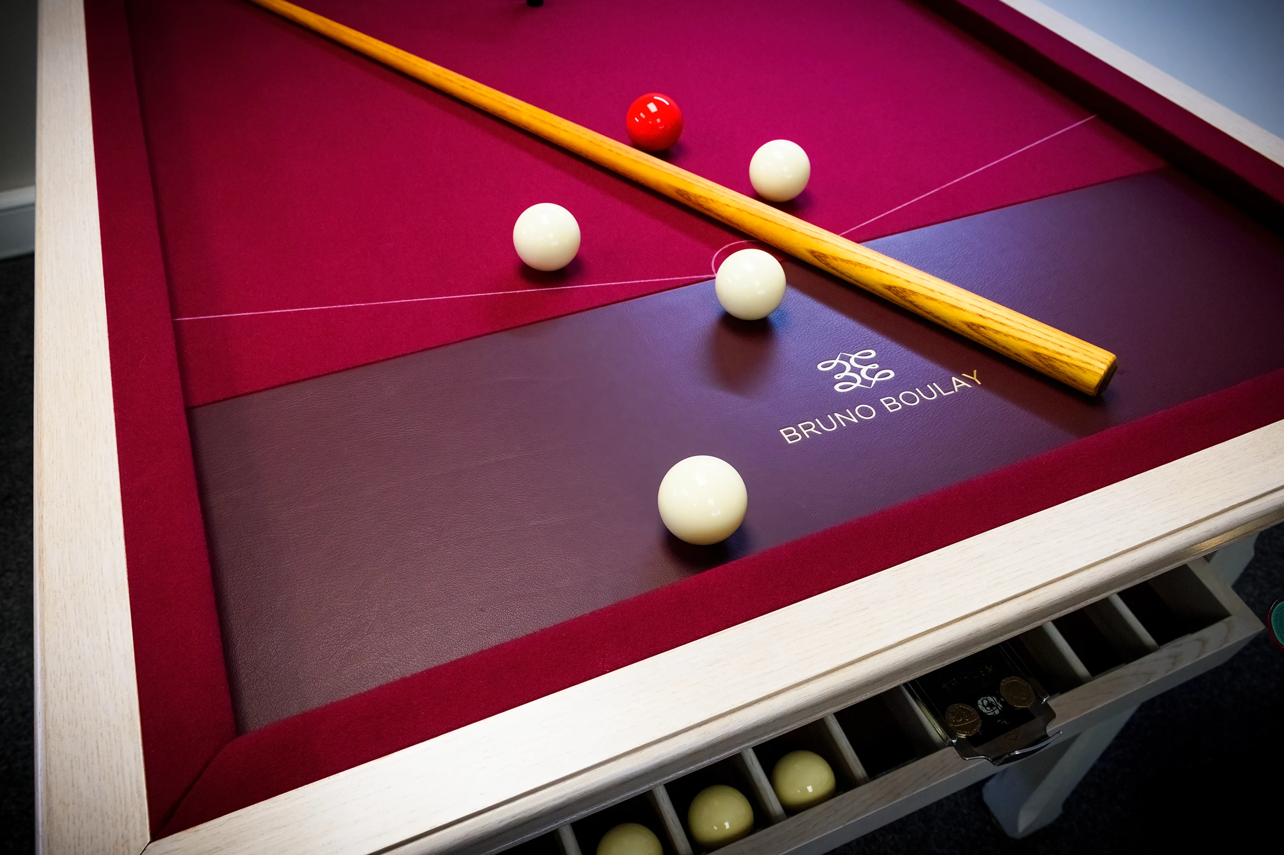 Bespoke bar billiards table with burgundy felt and the Bruno Boulay mark