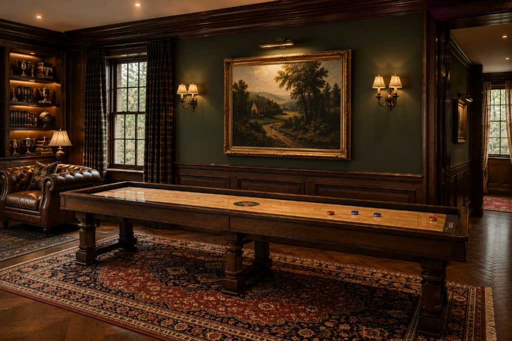Luxury shuffleboard table crafted in dark walnut for a country house interior