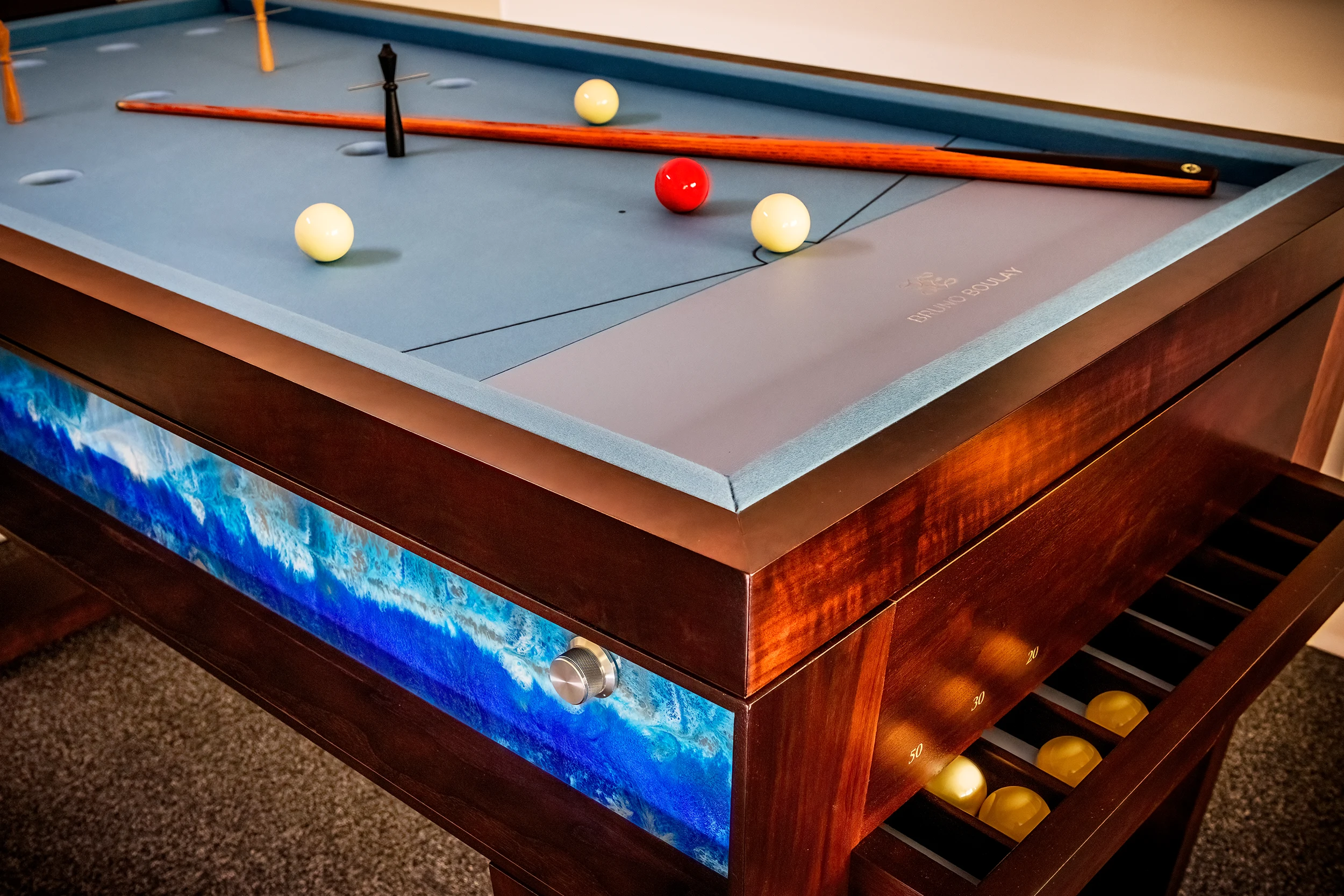 Hand-poured resin side detail for bespoke games tables