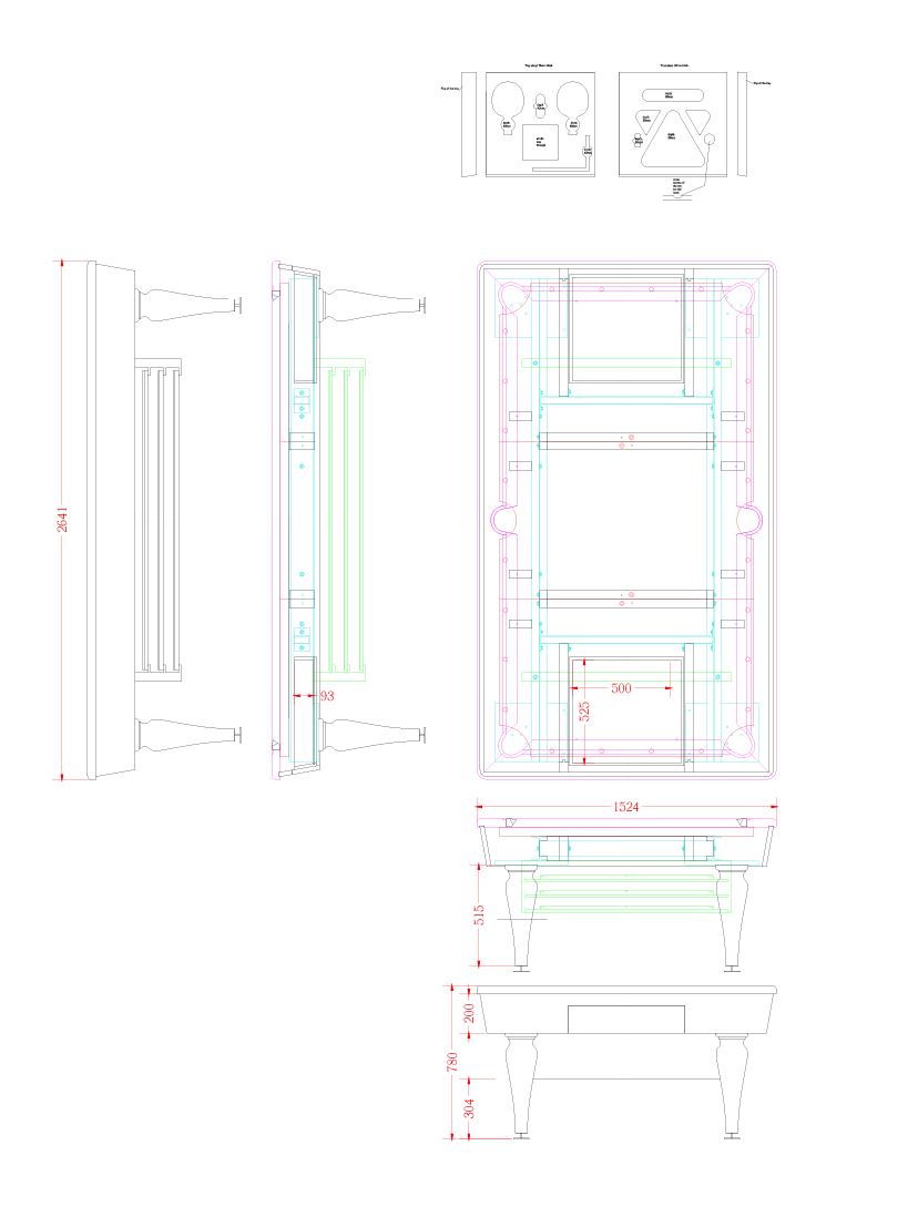 Technical engineering drawing of a bespoke Bruno Boulay pool table showing elevations and dimensions