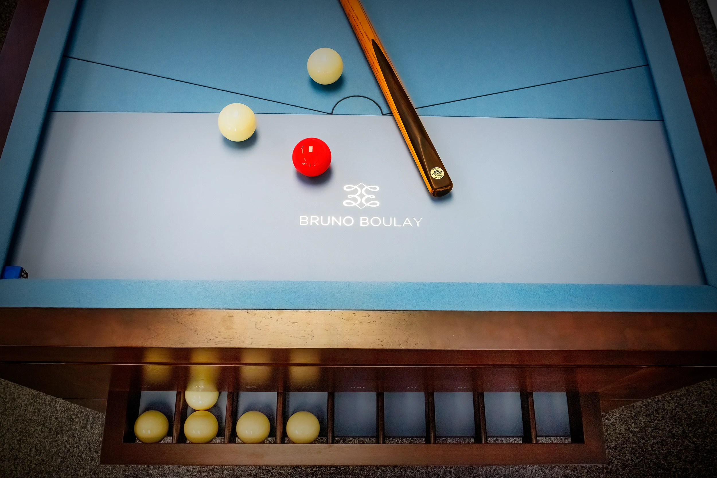 Handmade bar billiards table with blue resin panel and slate-blue cloth by Bruno Boulay