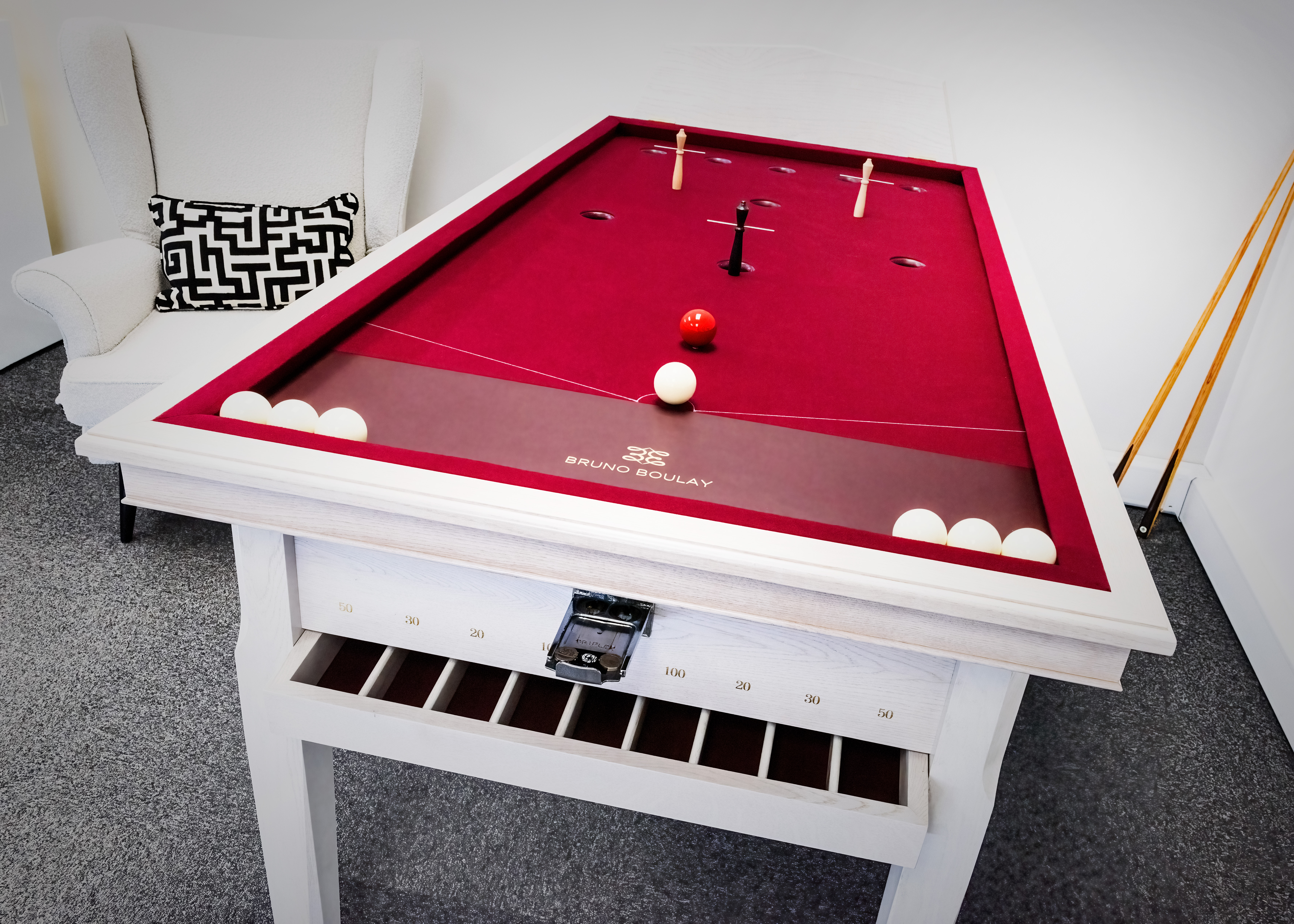 Bespoke bar billiards table with burgundy felt and the Bruno Boulay mark