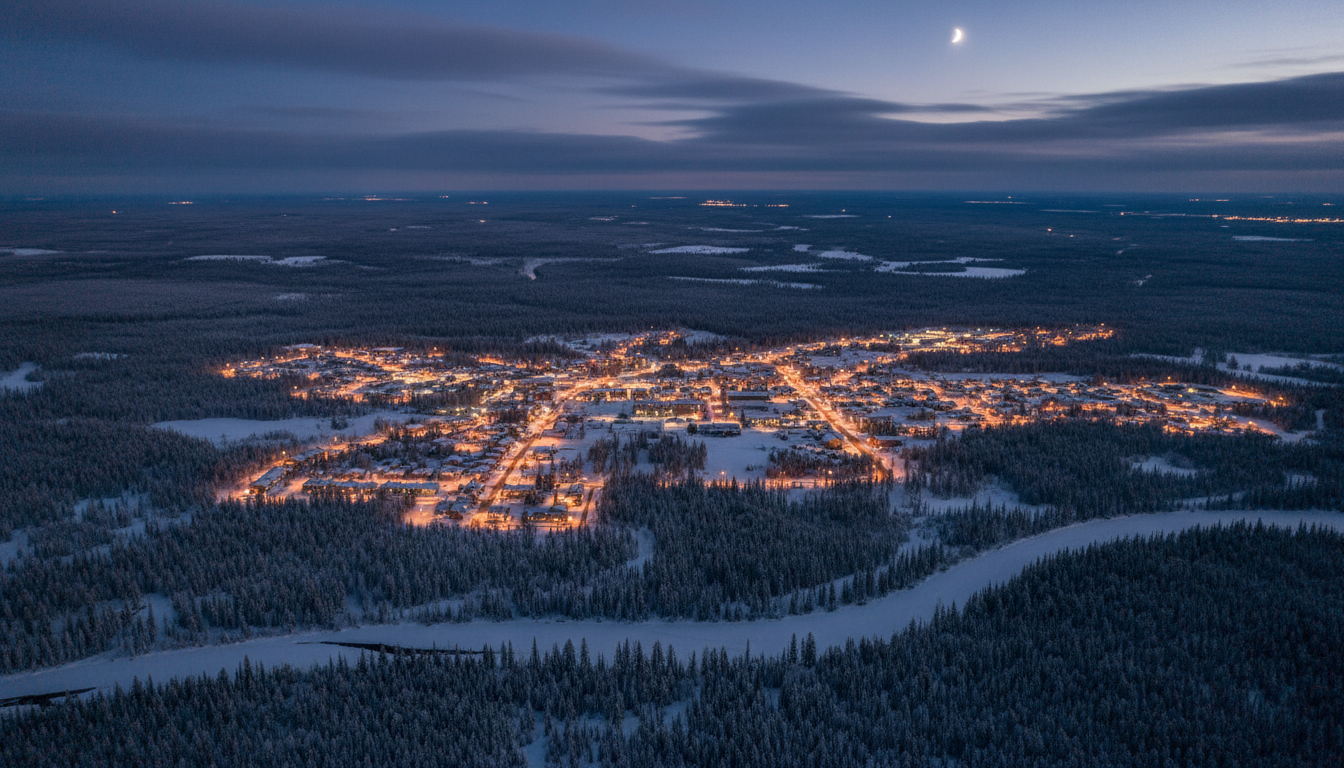 Aerial view of Fort St. John, British Columbia at twilight surrounded by boreal forest