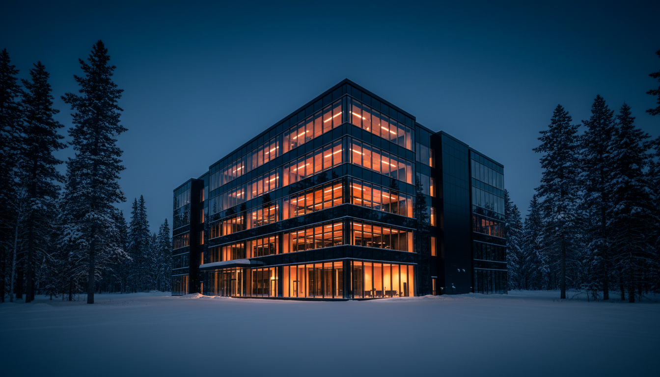Modern commercial building at twilight with warm interior lighting against a northern forest landscape