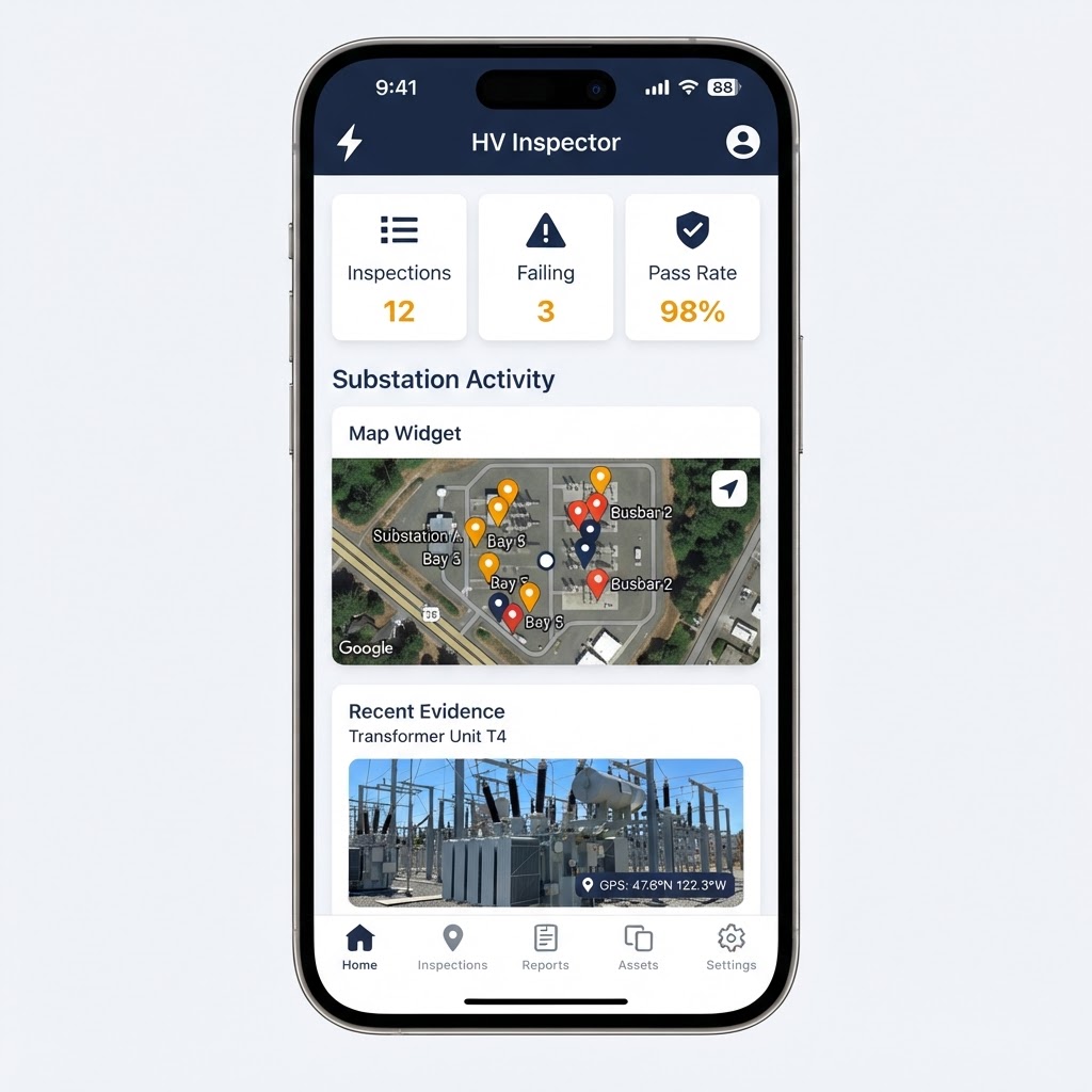 HV Inspector mobile app dashboard with GPS-tagged photo evidence and inspection stat tiles