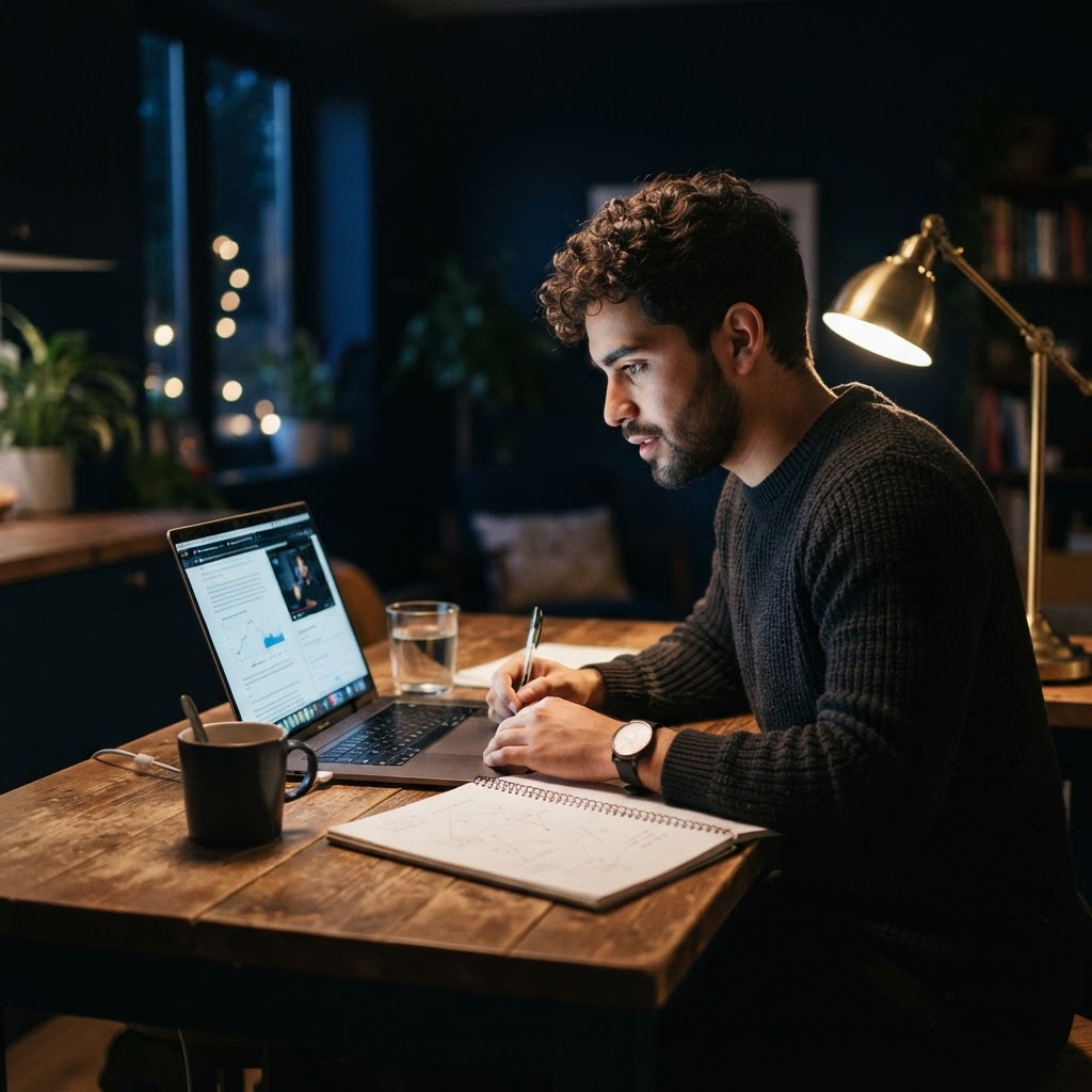 A man studying an online AI course at his kitchen table at night