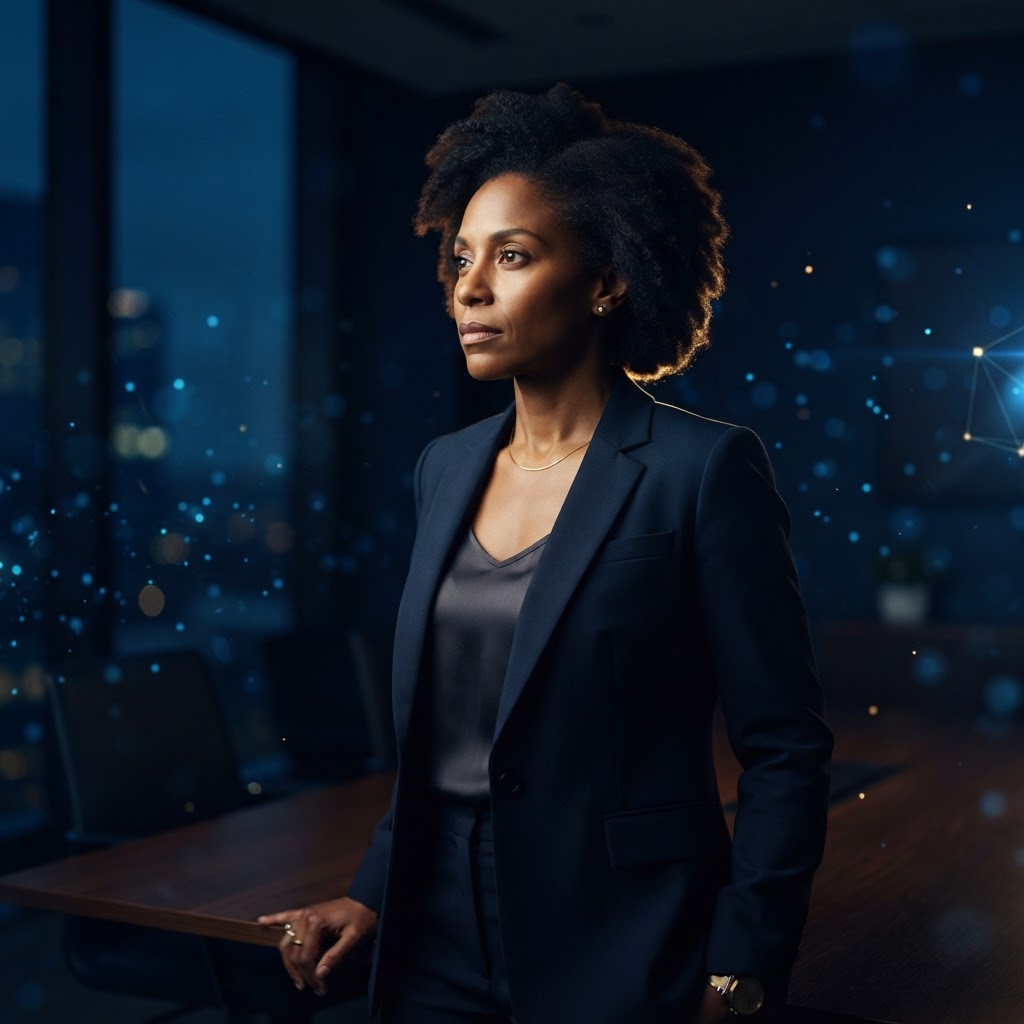Executive AI leader in a cinematic boardroom