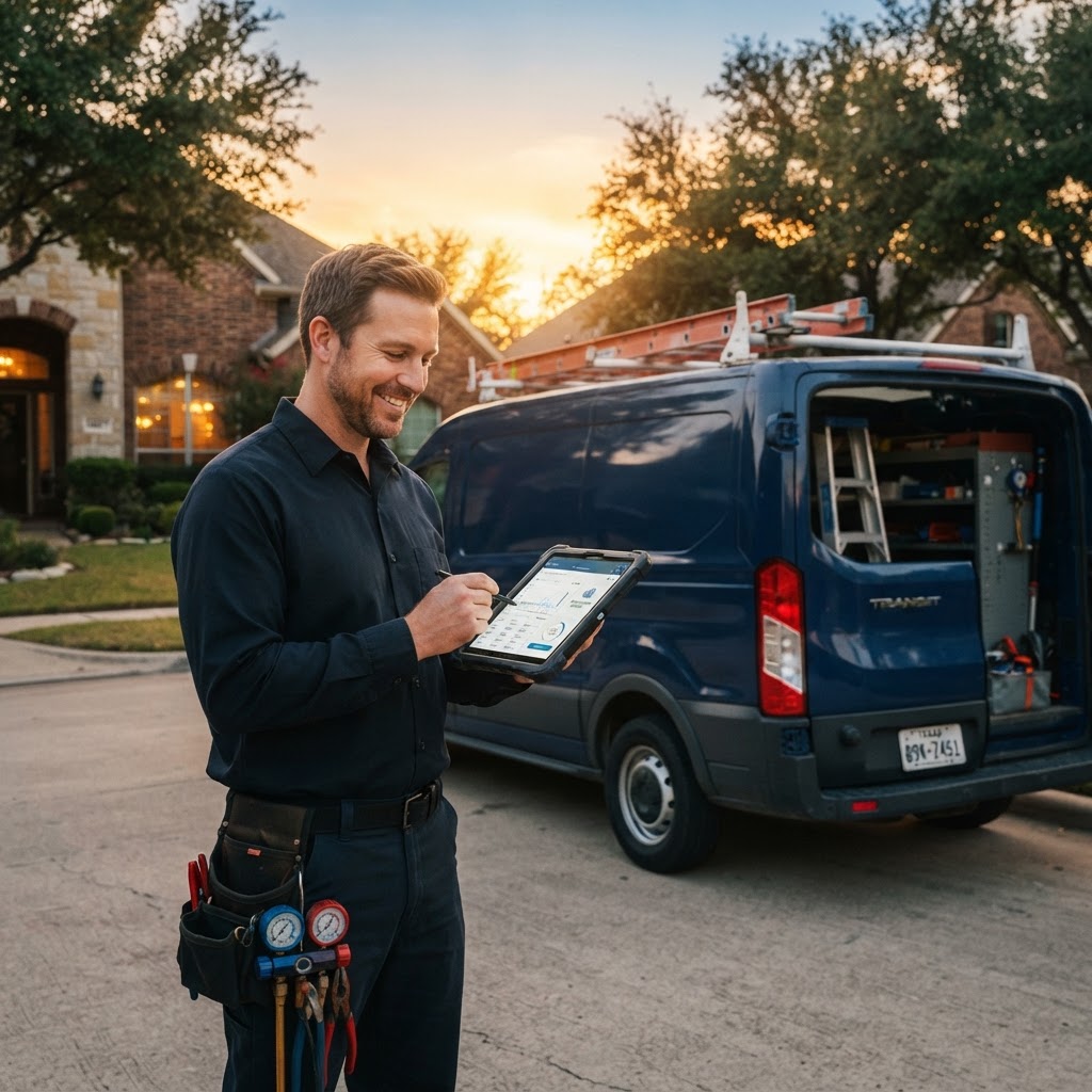 A service technician using an AI assistant on a tablet beside his van