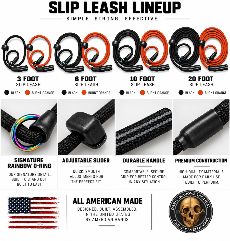 Slip Leash Lineup — 3, 6, 10, and 20 foot in Black and Burnt Orange