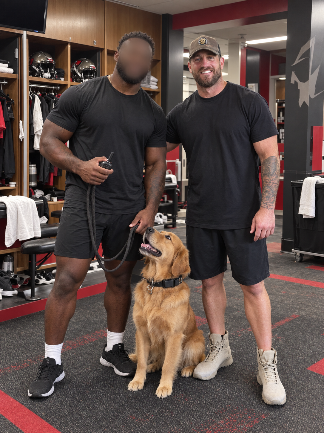 DSC trainer working with a golden retriever inside a professional football locker room