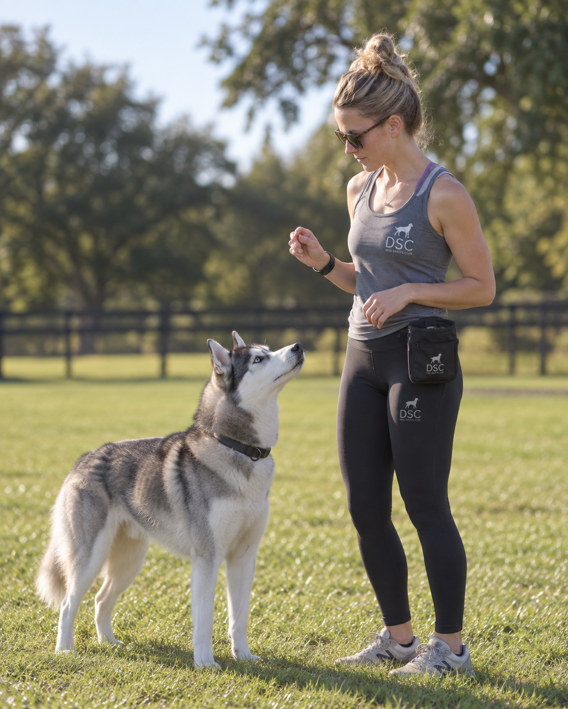 DSC trainer working with a husky on the training field