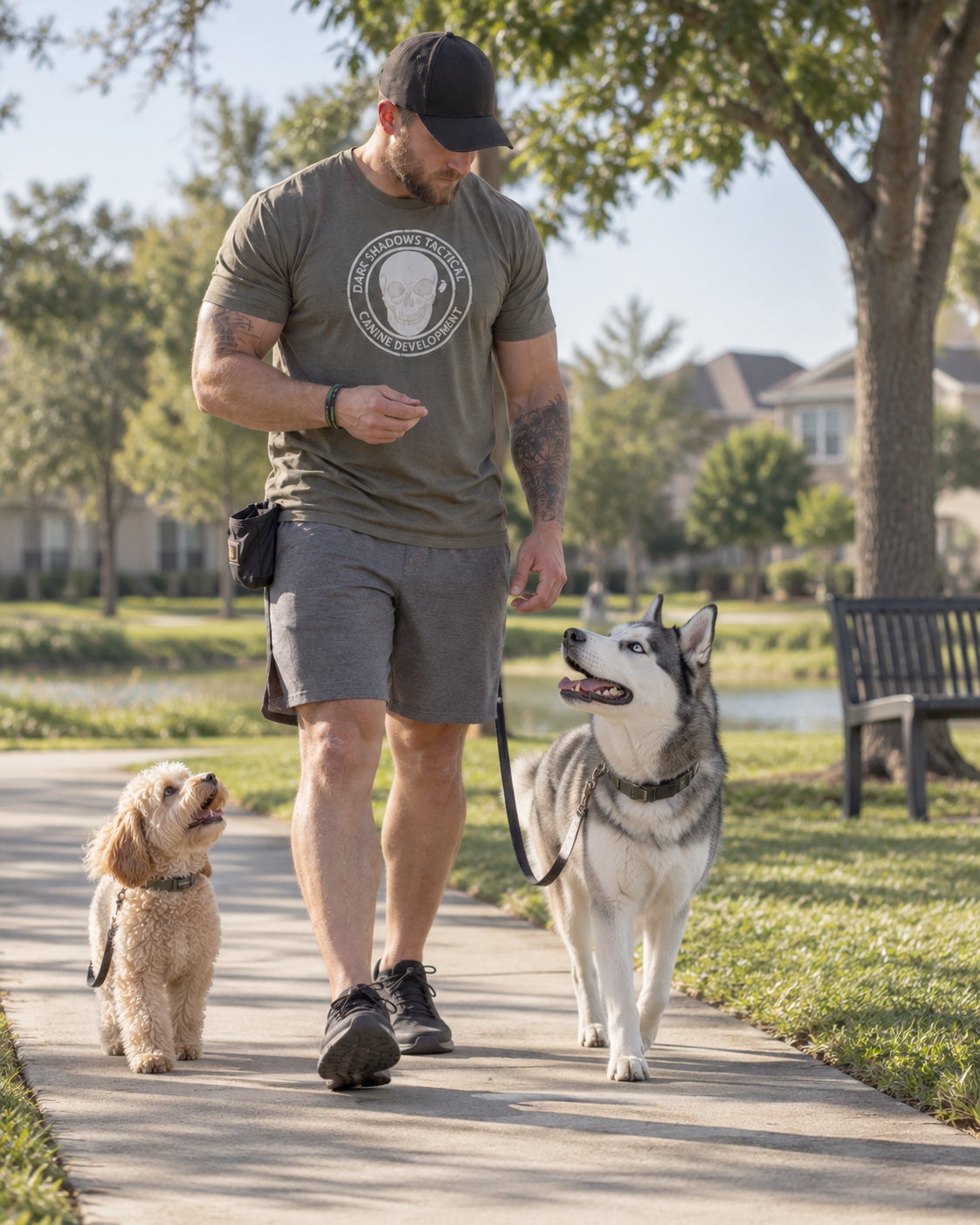 DSC trainer walking dogs on a park path