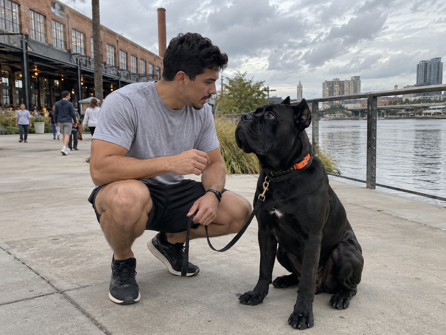 DSC trainer kneeling with a black cane corso on a riverwalk