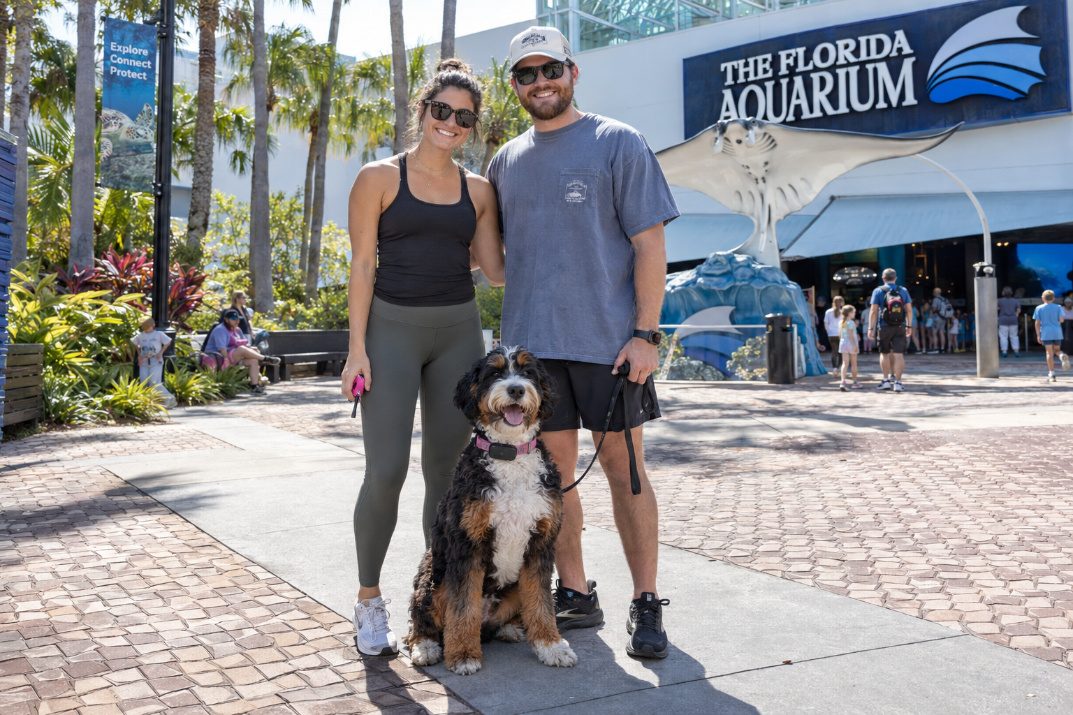 Clients with their bernedoodle during a real-world training session at The Florida Aquarium
