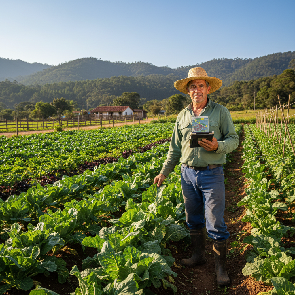 Produtor rural verificando canteiro