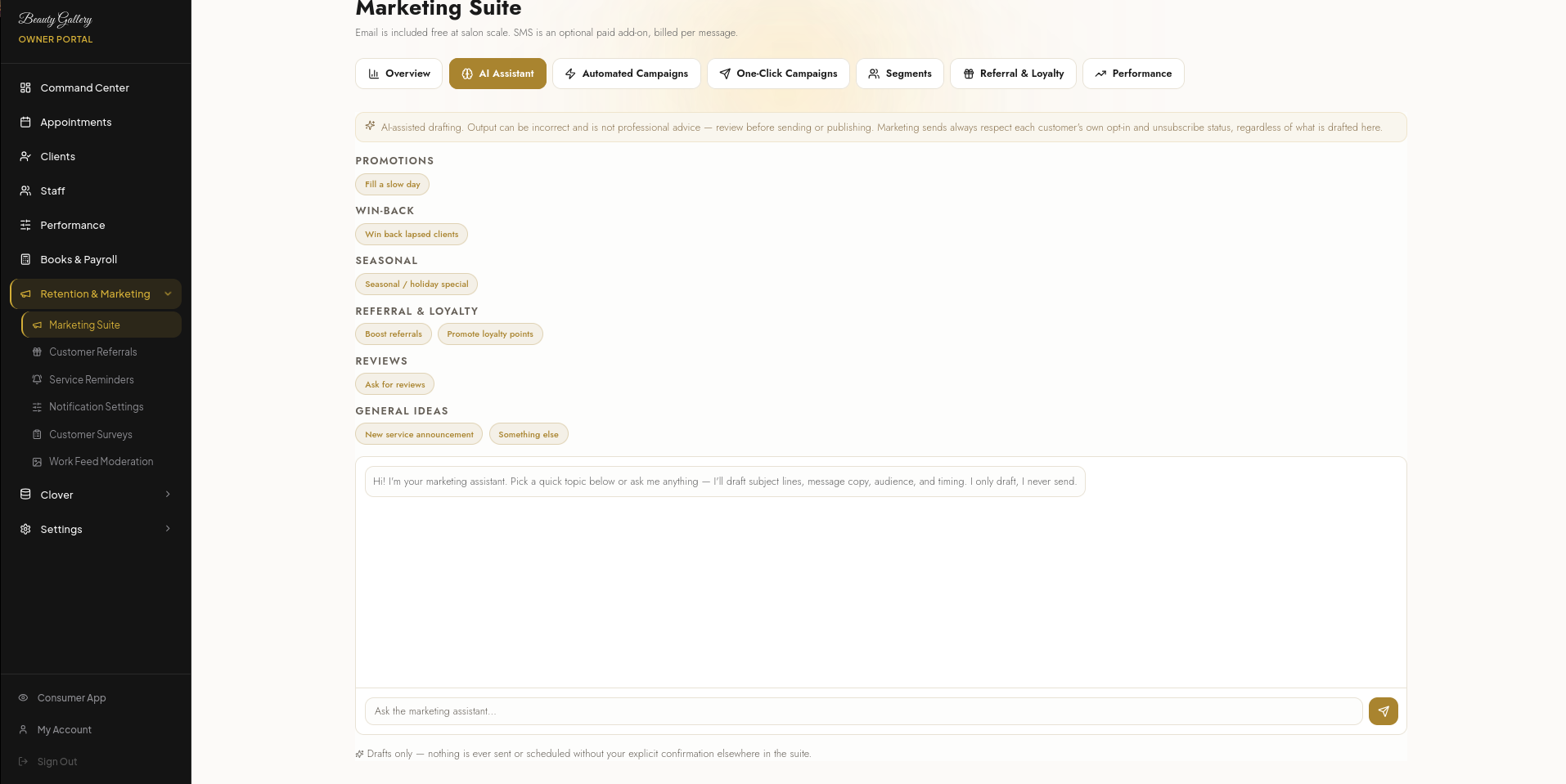 Beauty Gallery owner portal — Marketing Suite AI marketing assistant