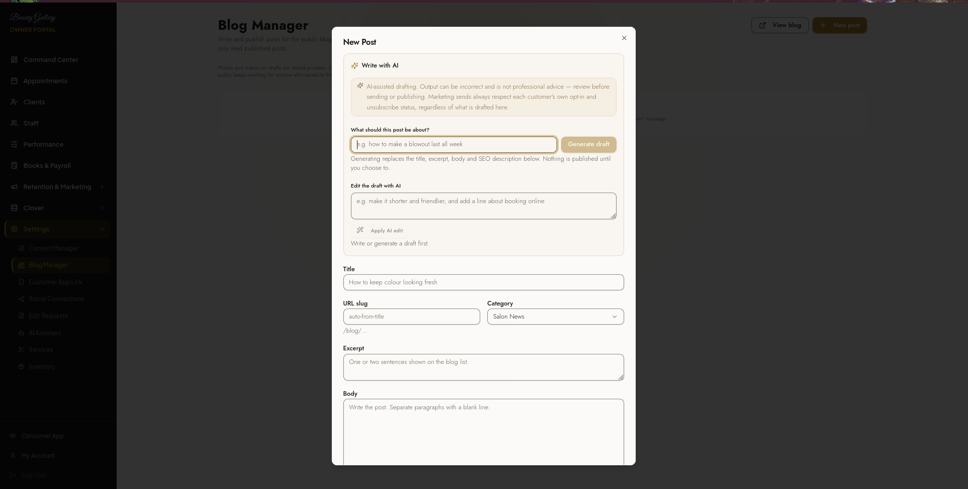 Beauty Gallery owner portal — Blog Manager, Write with AI drafts a new post from a topic
