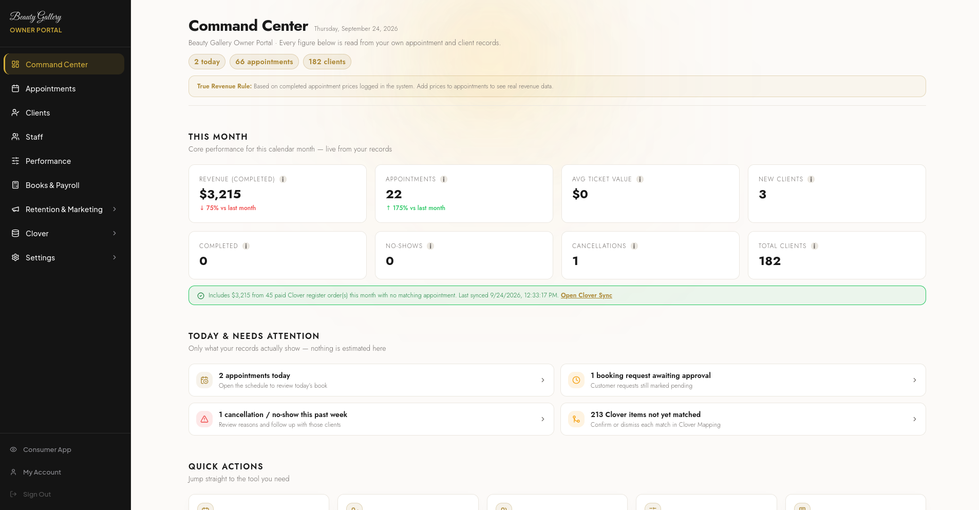 Beauty Gallery owner portal — Command Center (operating figures masked)