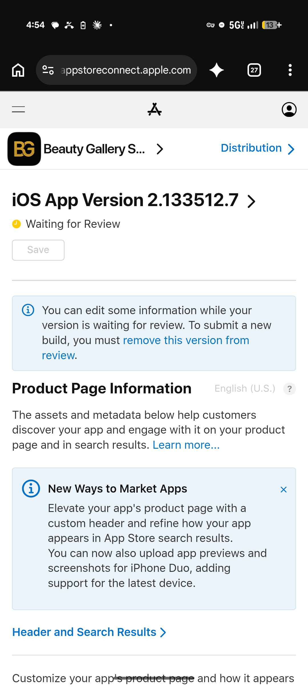 Screenshot of Beauty Gallery Salon app version 2.133512.7 waiting for review in App Store Connect