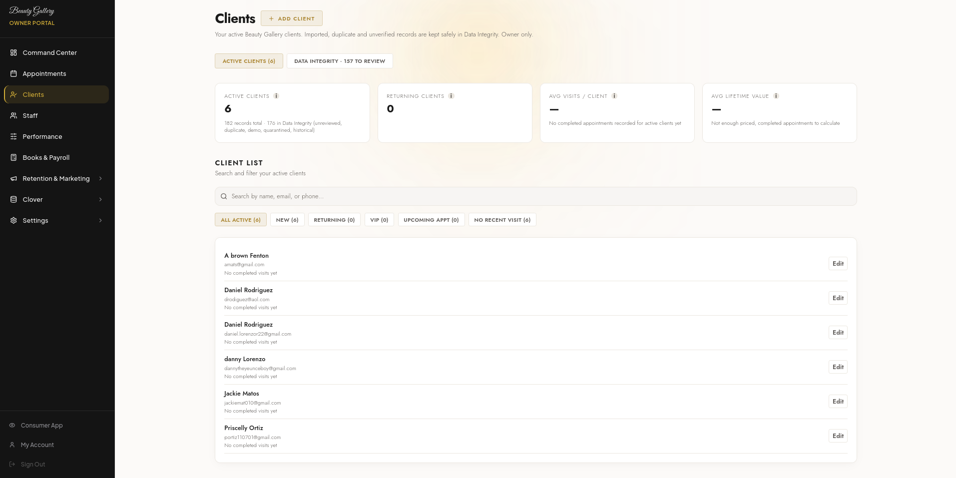 Beauty Gallery owner portal — Clients page (client details masked)