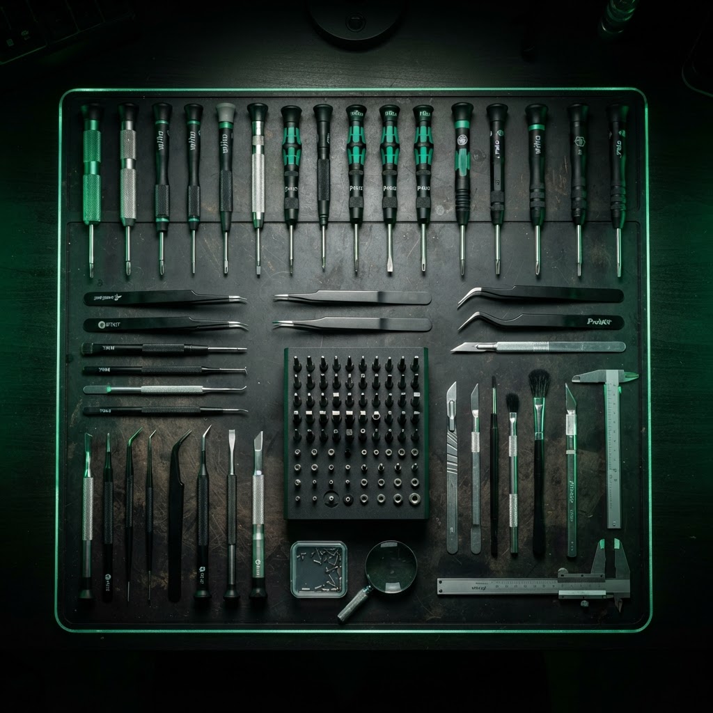 Professional precision repair tools arranged in a knolled layout on dark surface