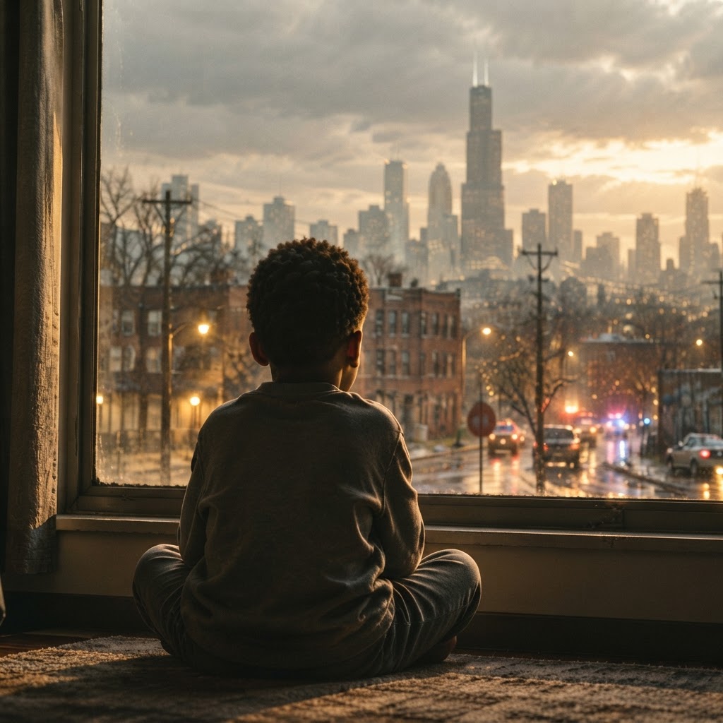 A boy sitting alone on the floor, watching the Chicago skyline at dawn through a wide window