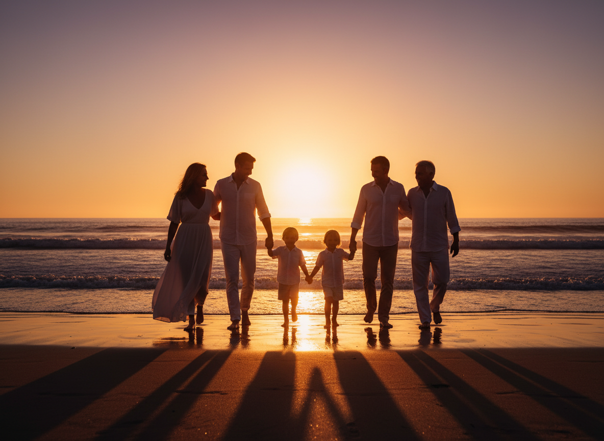 Family walking on California beach at sunset