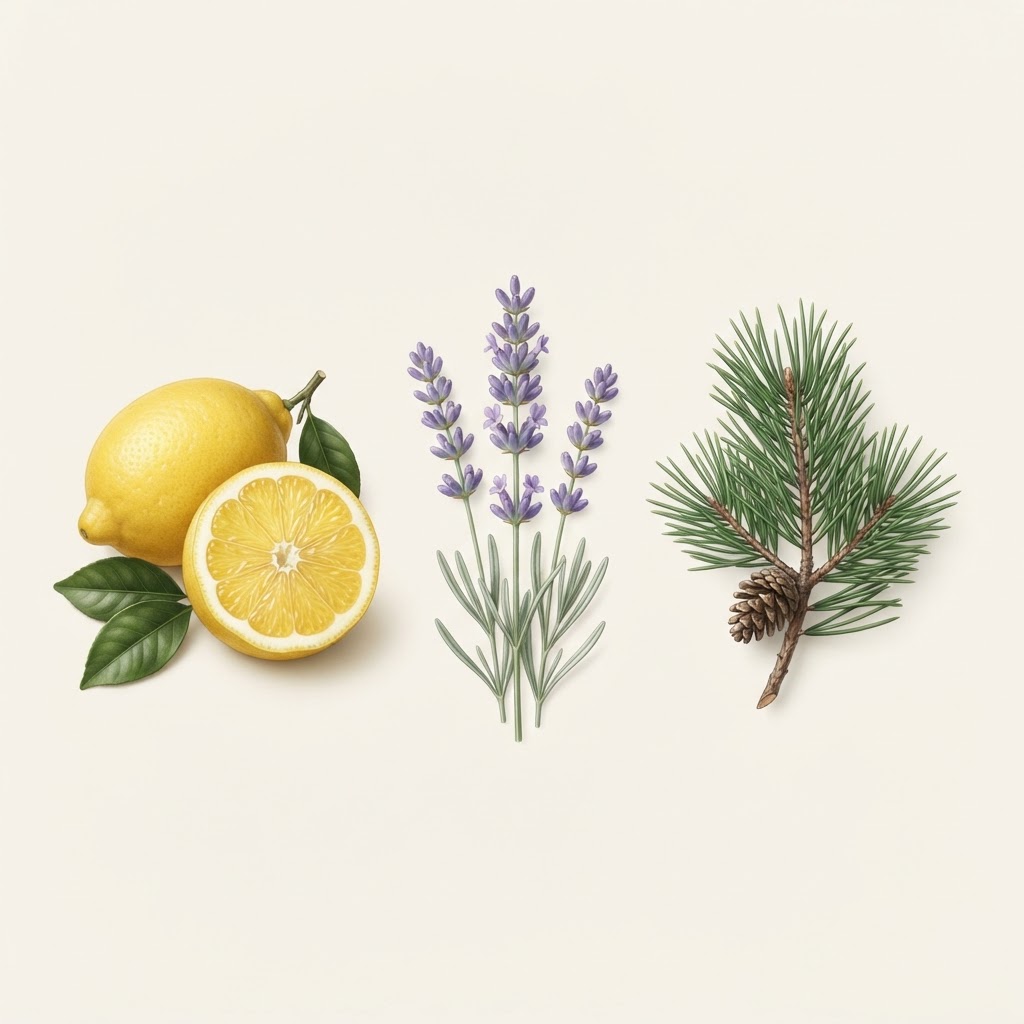 Botanical illustration of lemon, lavender and pine, familiar plants that contain aromatic terpenes