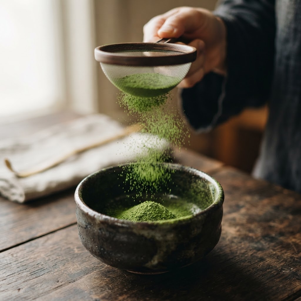 Tamisage du matcha Misu Maroc à travers un tamis fin