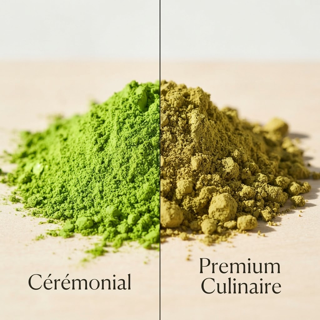 Macro comparaison matcha cérémonial vs culinaire