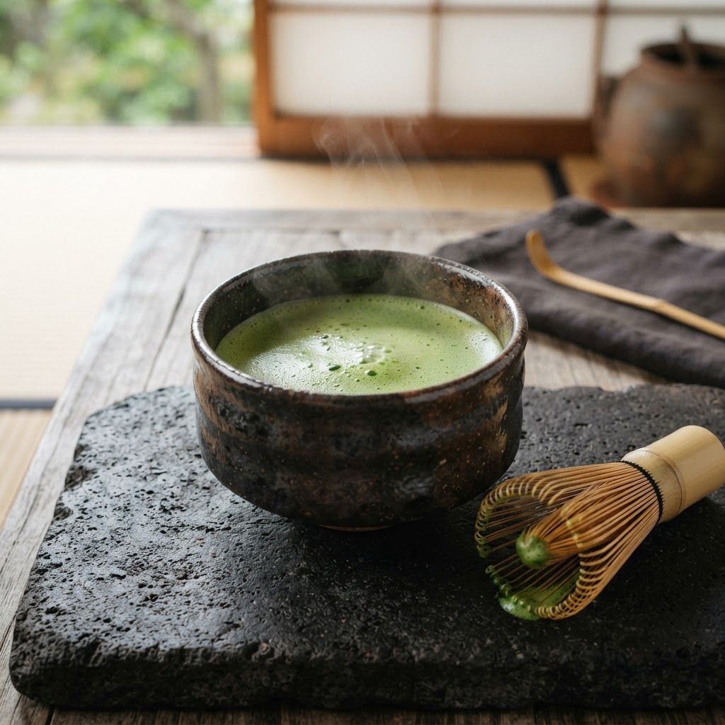 Vrai matcha cérémonial fraîchement fouetté