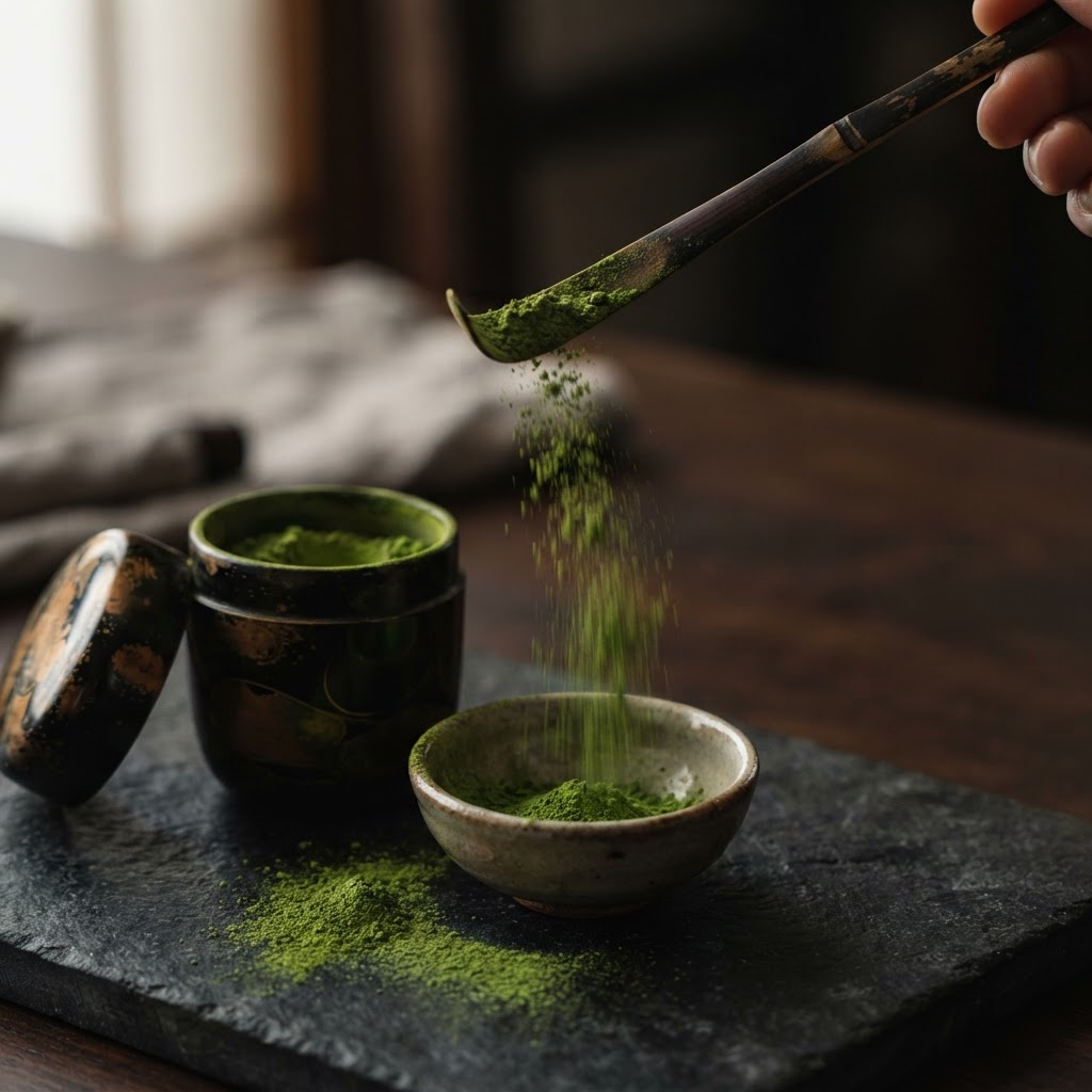 Mesure du matcha Misu Maroc au chashaku en bambou