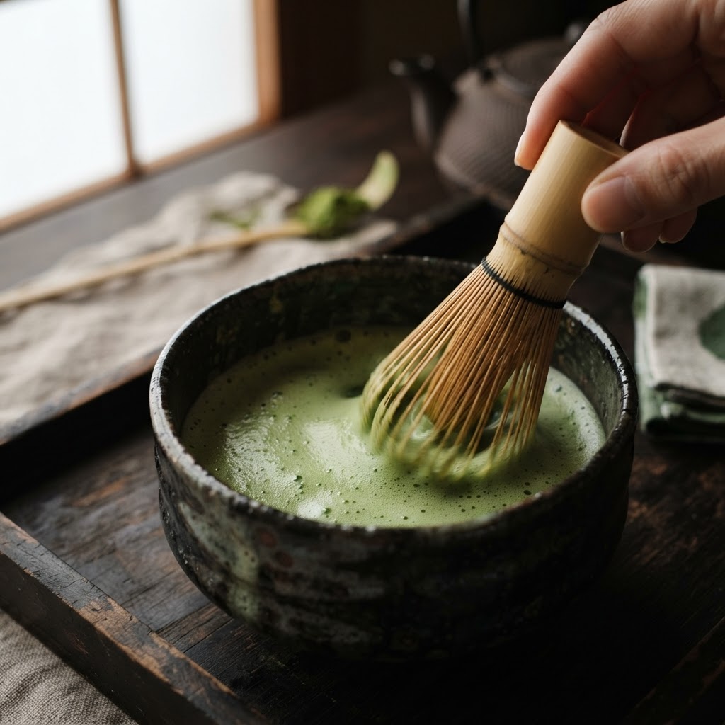 Fouettage du matcha Misu Maroc au chasen en bambou