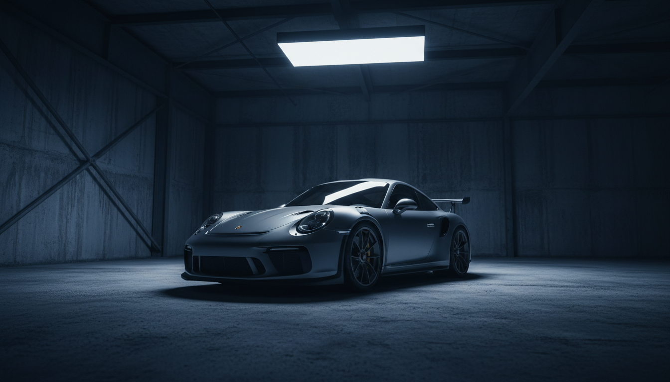Porsche GT3 in dark industrial garage with dramatic lighting
