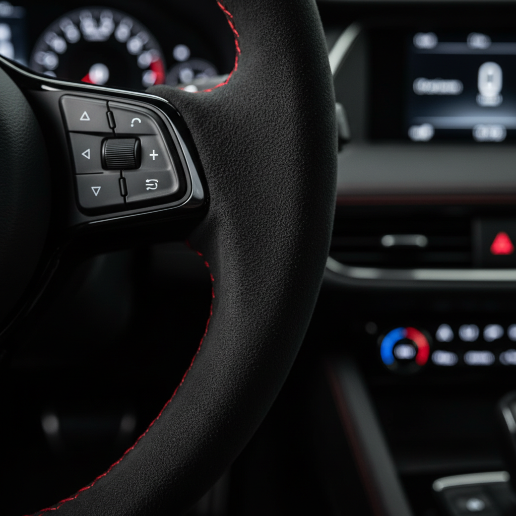 Alcantara steering wheel with red stitching detail