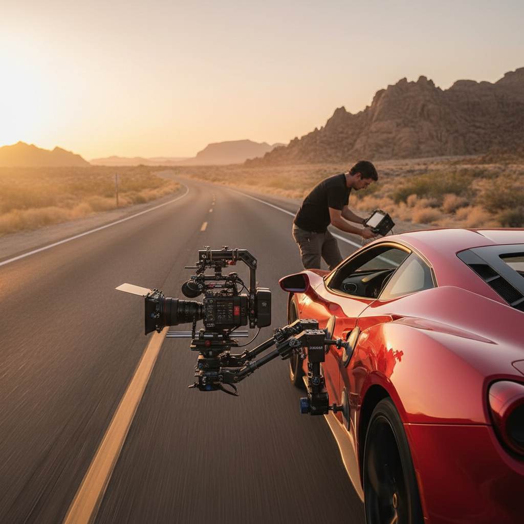 Camera rig mounted to sports car for rolling shot