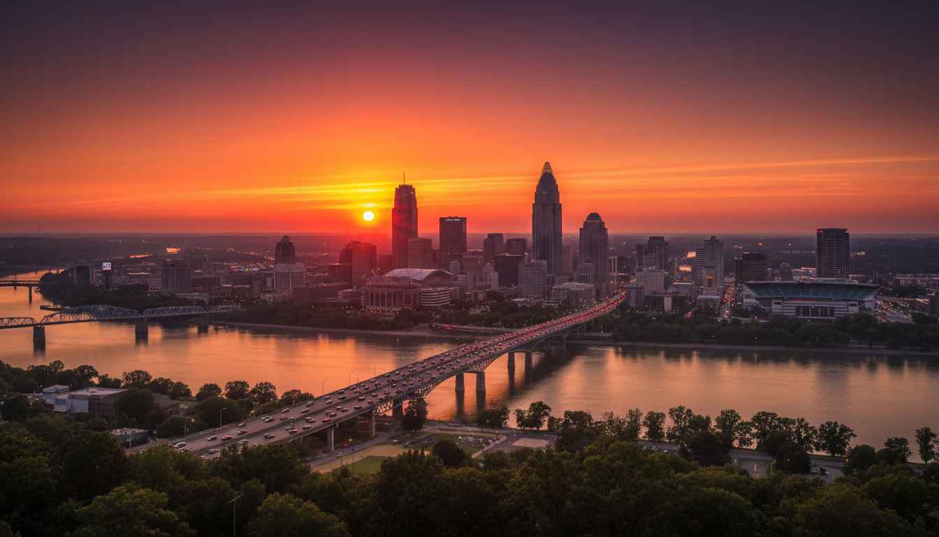 Cincinnati skyline at golden hour from Devou Park