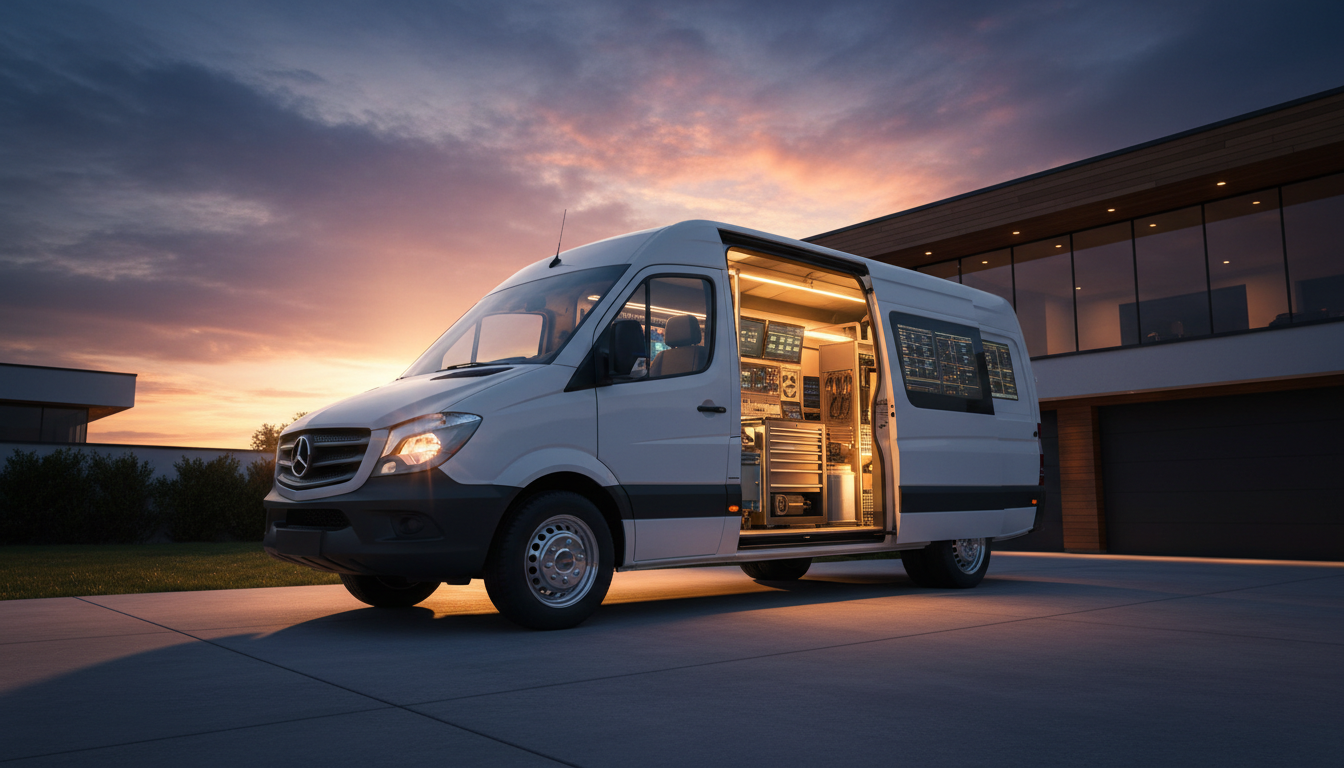 Mobile Auto Pro service van arriving at a modern home at dusk