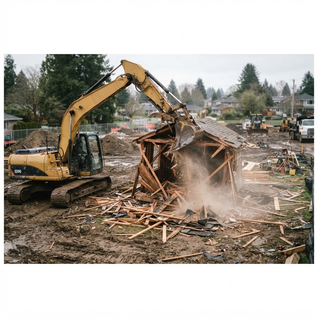 Demolition contractors in Bellingham, WA tearing down a structure