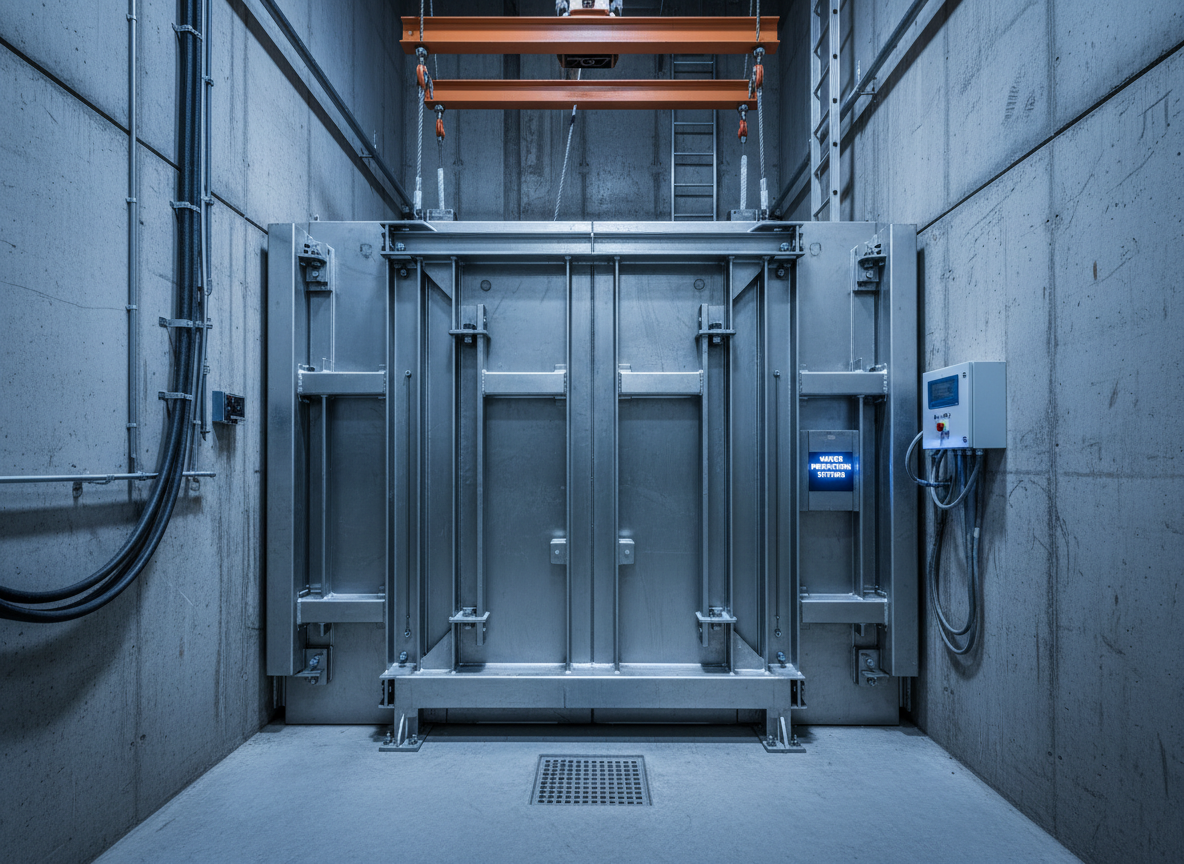 Industrial stainless steel flood barrier installed in an elevator hoistway