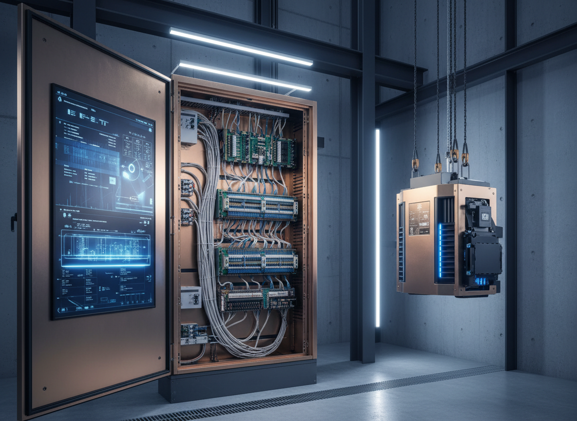 Modern elevator controller and drive system being installed